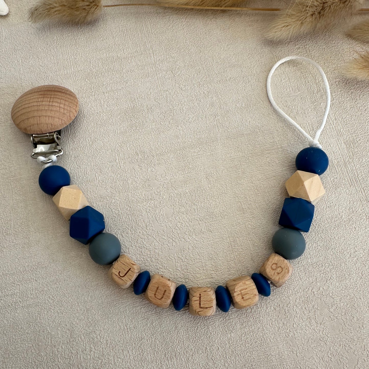 Attache tétine bleu & gris