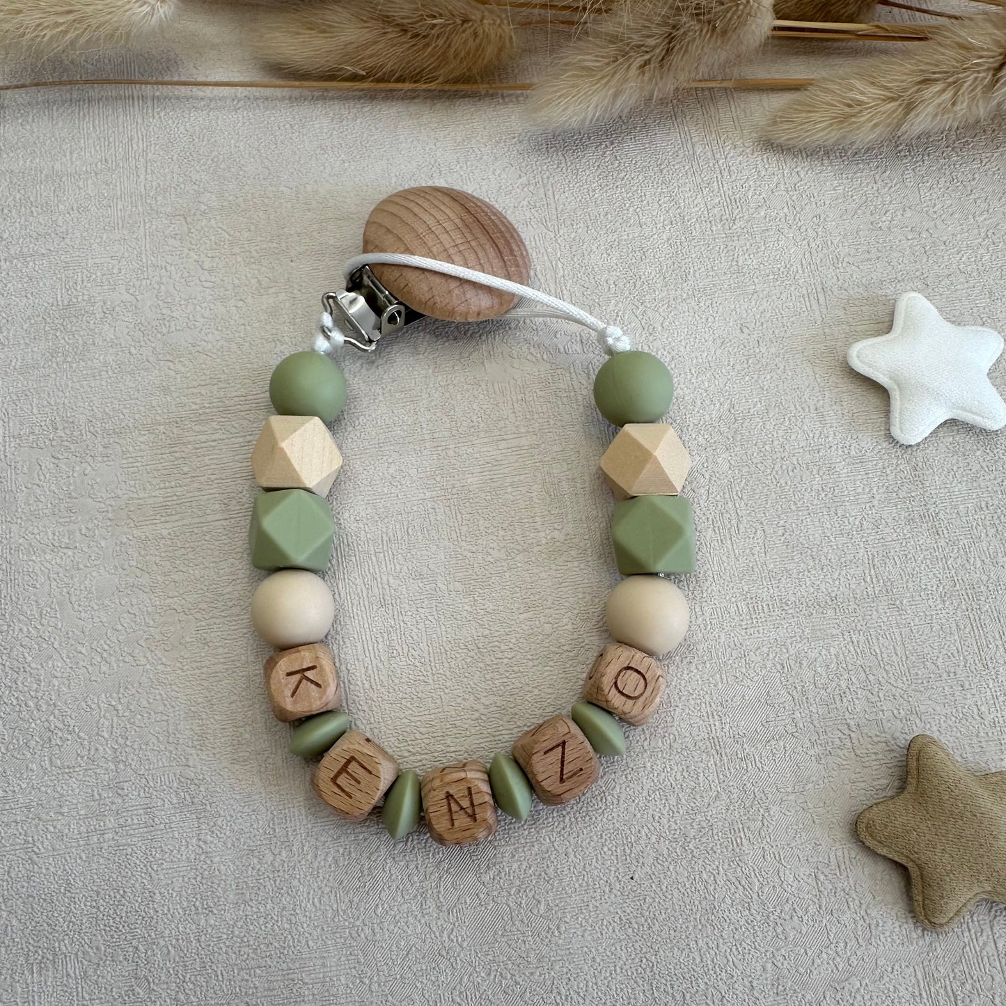 Attache tétine vert & beige
