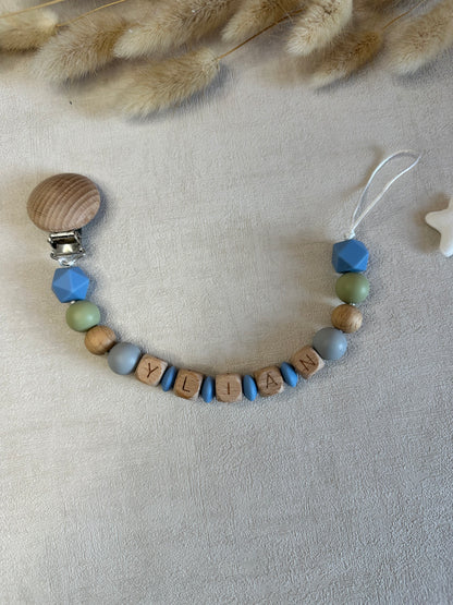 Attache tétine bleu, vert & gris