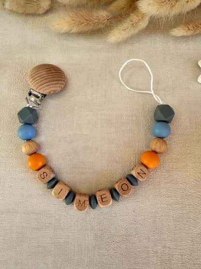 Attache tétine gris, bleu & orange