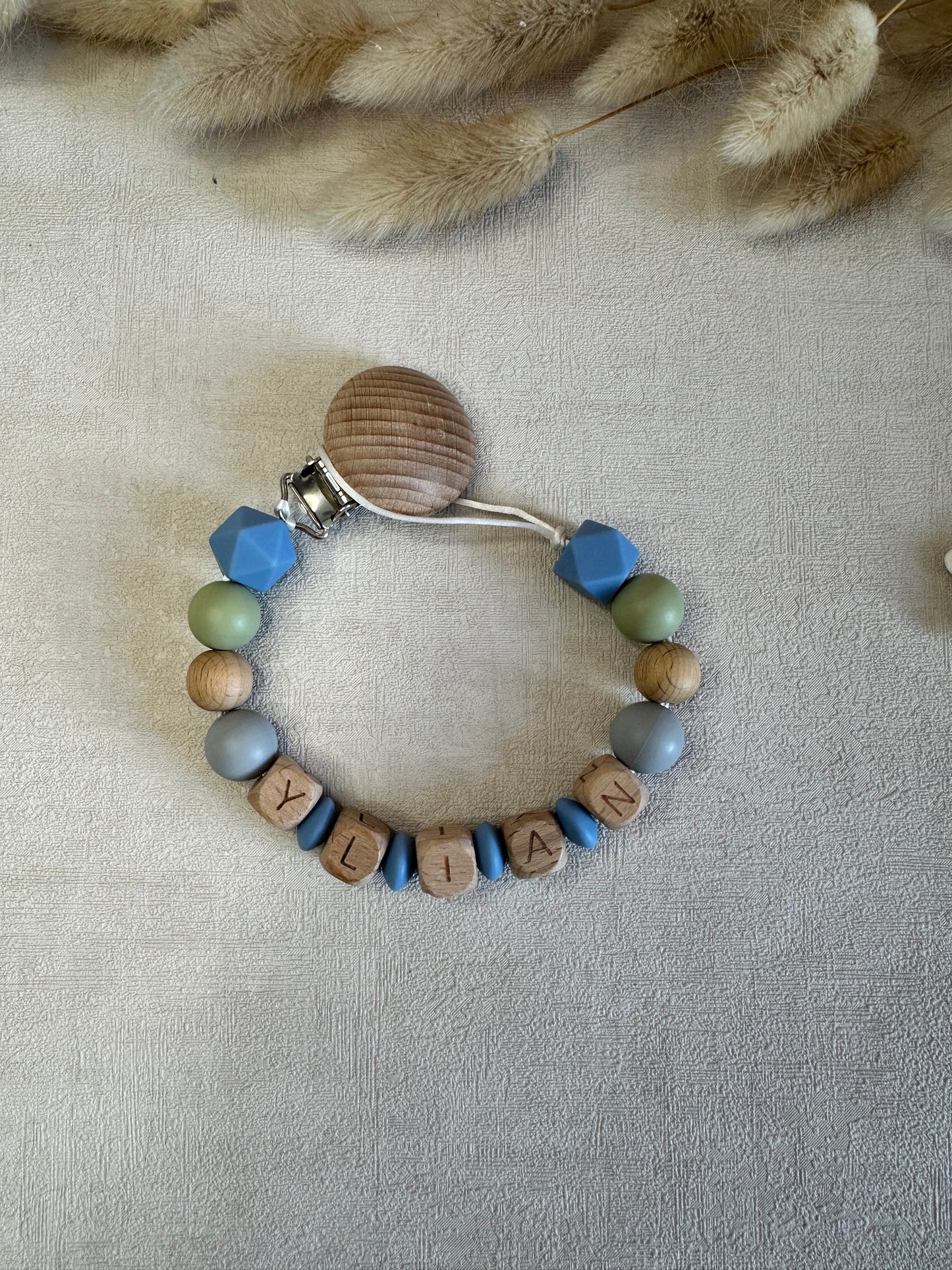 Attache tétine bleu, vert & gris