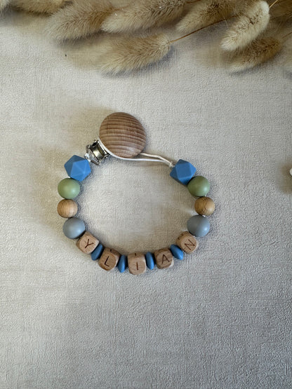 Attache tétine bleu, vert & gris