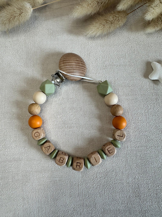 Attache tétine vert, beige & orange