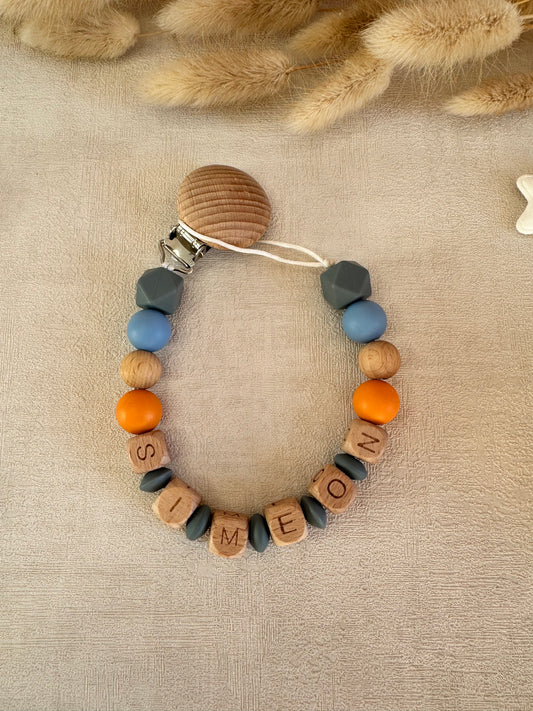 Attache tétine gris, bleu & orange