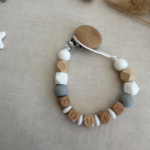 Attache tétine blanc & gris