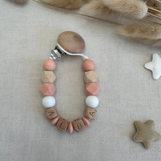 Attache tétine corail & blanc