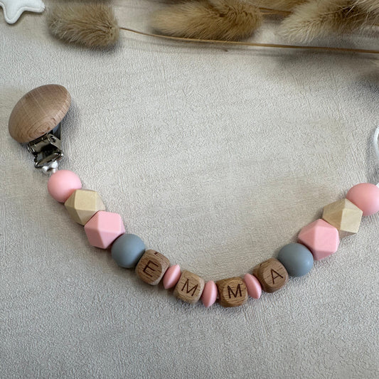 Attache tétine rose & gris