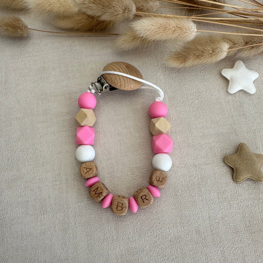 Attache tétine rose fluo & blanc