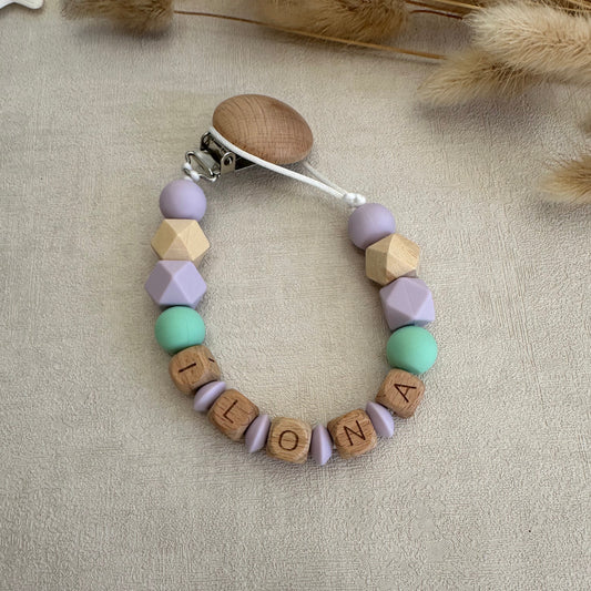 Attache tétine violet & vert d’eau