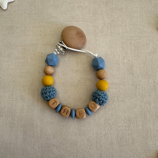 Attache tétine bleu & moutarde